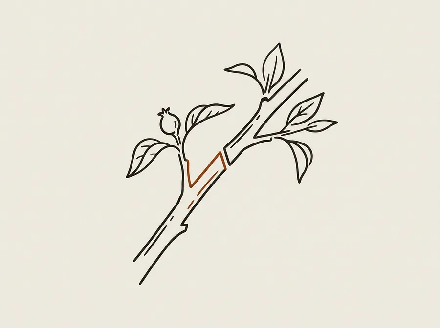 Hand-drawn illustration of a single pruned fruit-tree branch showing a diagonal graft union where two branches meet