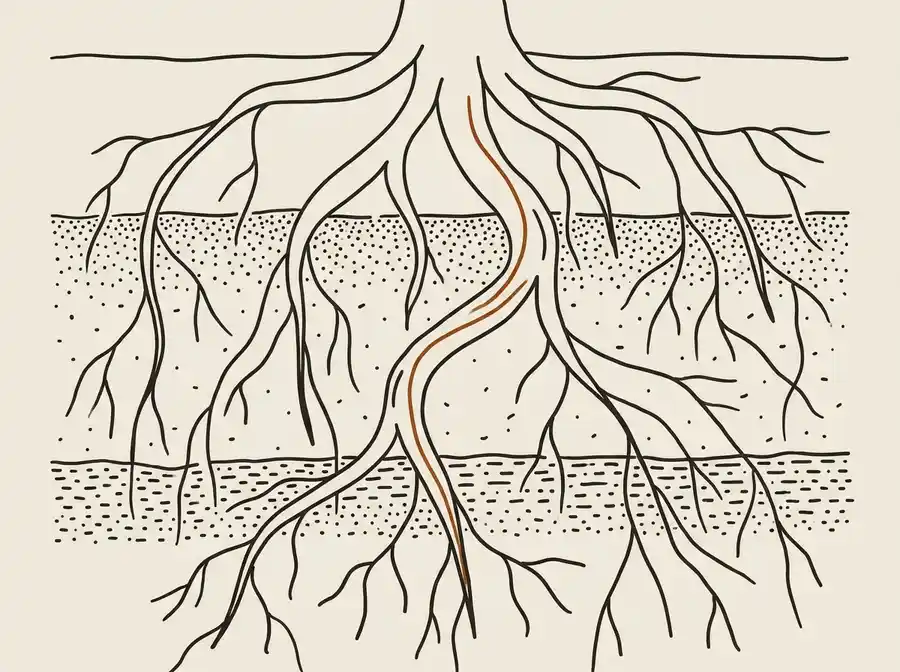 Hand-drawn illustration of a single tree's root system reaching down through visibly layered bands of soil